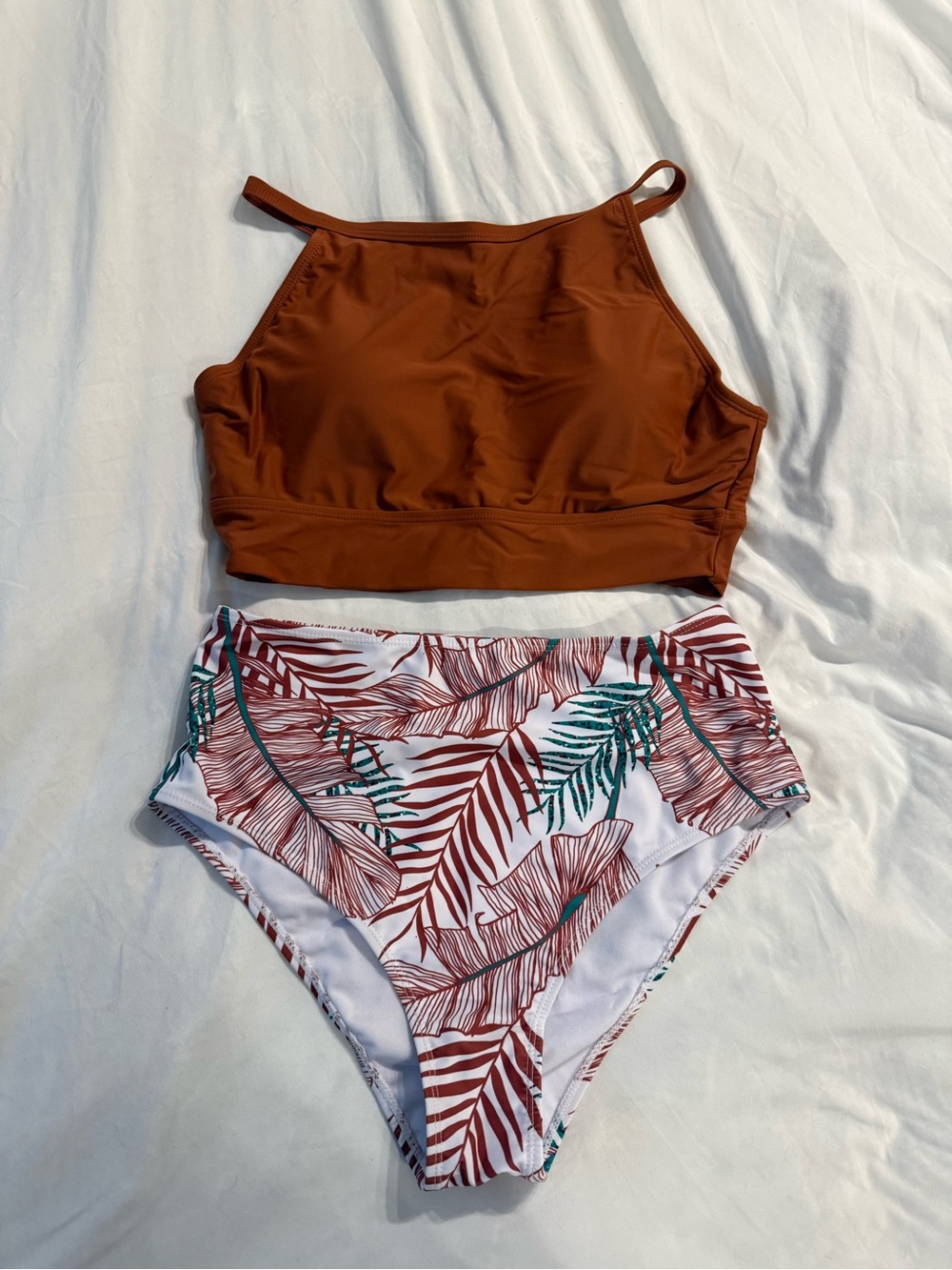 High-Neck Rust Crop Swim Top with Tropical Leaf High-Waist Bottoms
